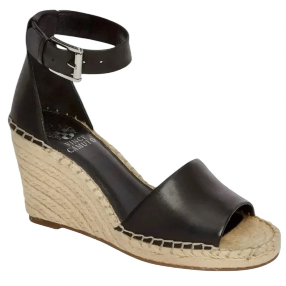 NEW Vince Camuto Black Leather Leera Espadrille Wedge Sandals Shoes size 10